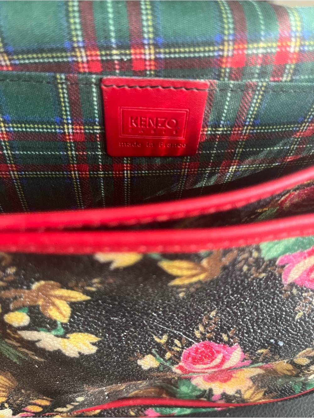 Kenzo Black Floral Crossbody Bag with Red Leather Trim and Plaid Interior - Picture 2 of 8